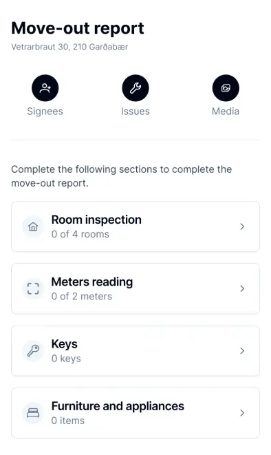 An Igloo inspection report with spaces, meters, keys, and furniture and appliances